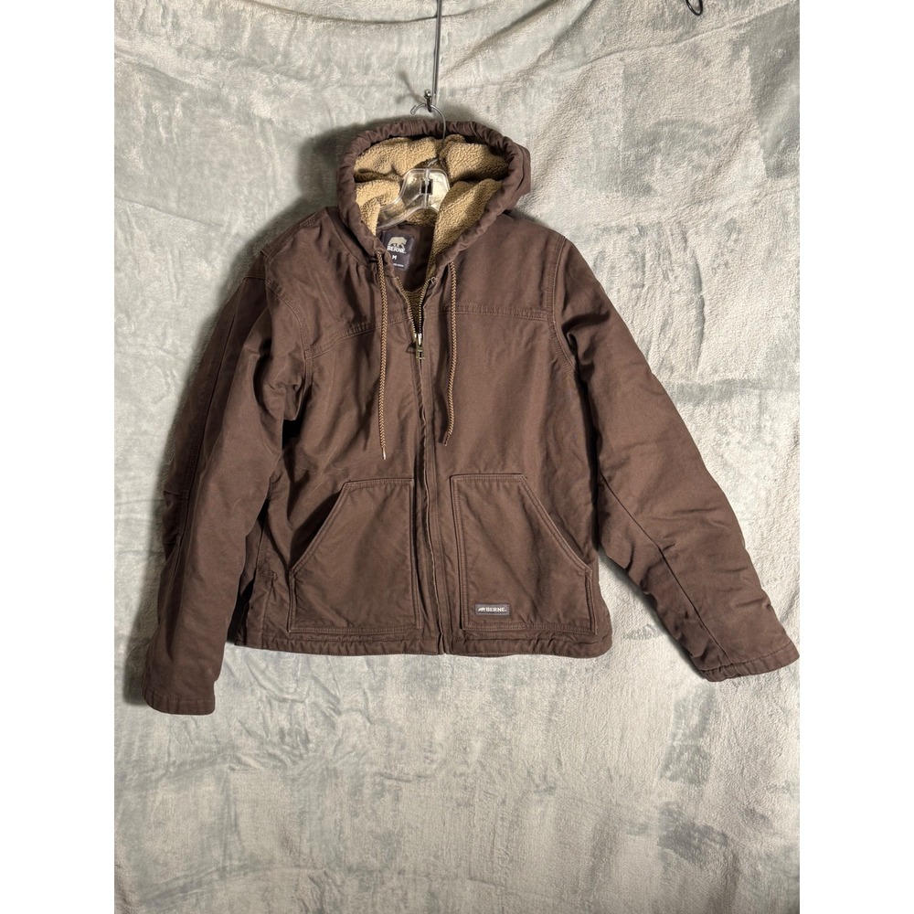 Berne Womens Duck Jacket Brown Sherpa Lined Hooded Work coat Size M 8-10